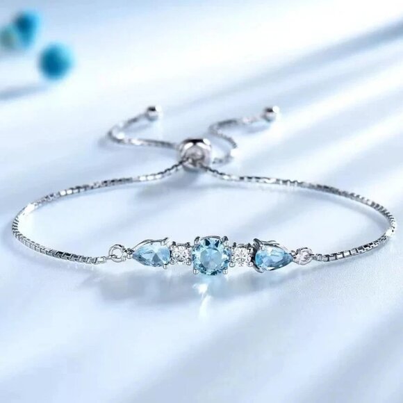 925 Sterling Silver Sky Blue Topaz Tennis Bracelet - Adjustable Fine Jewelry - Picture 4 of 5